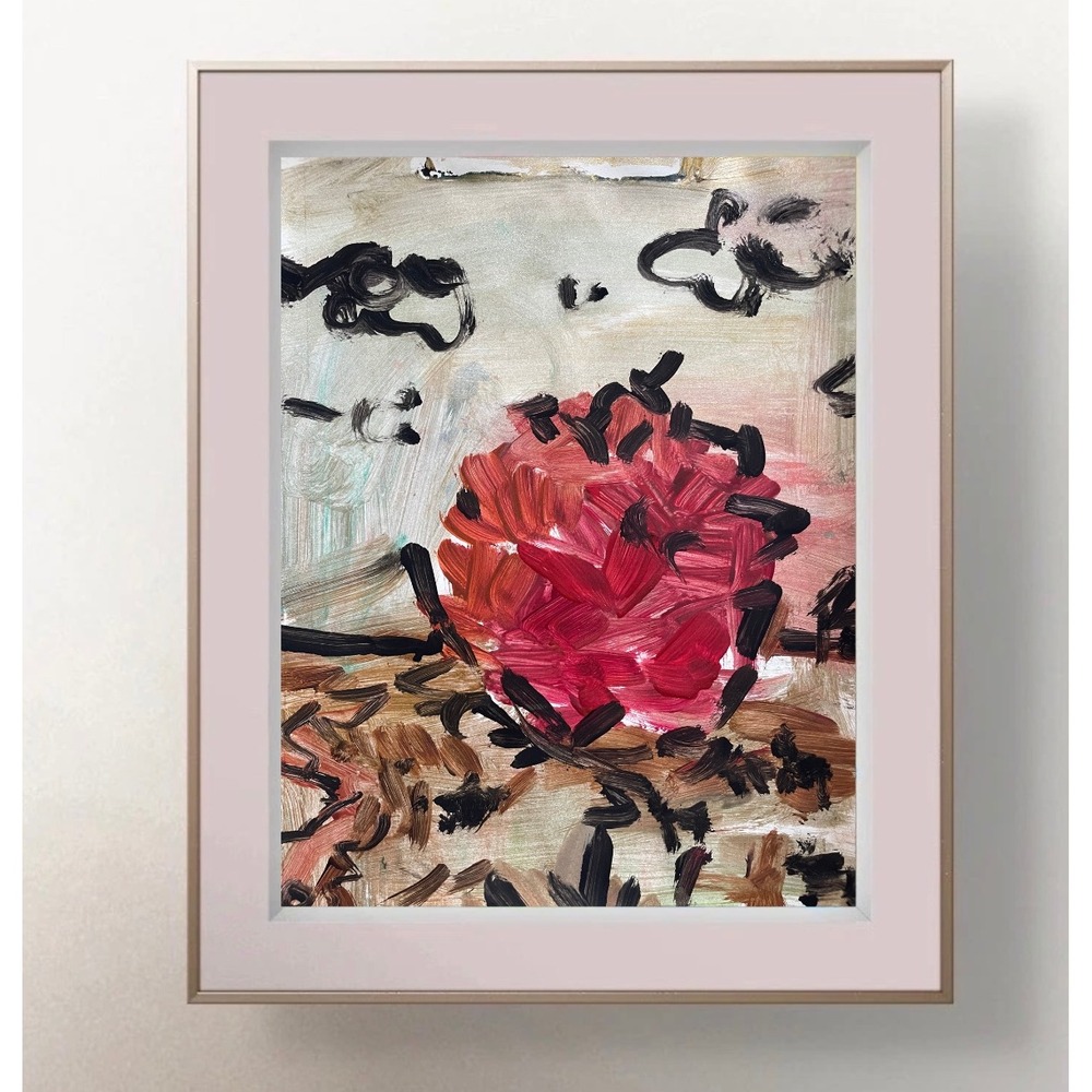 Original Abstract Red Floral Landscape Painting 8.5x11 Mixed Media Wall Art